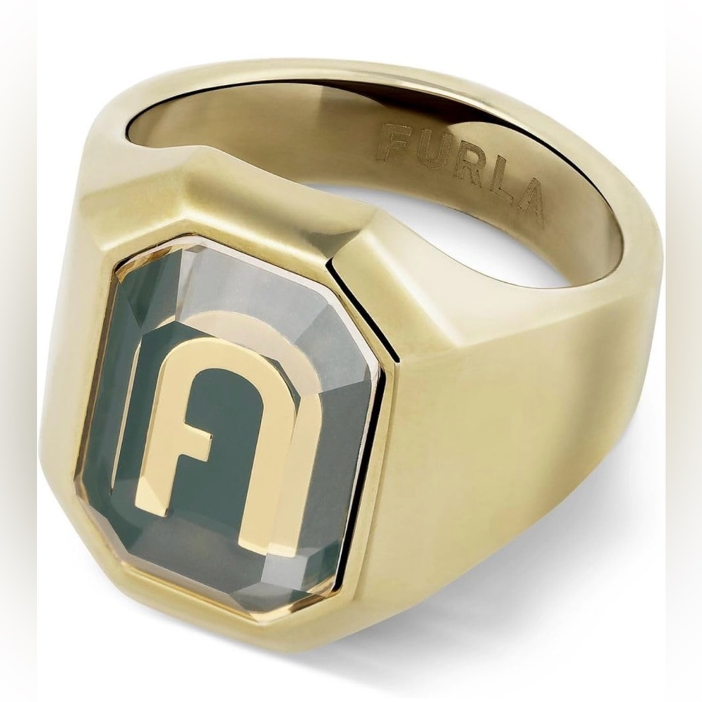 Furla Gold Statement Ring with Clear Stone and Gold Logo